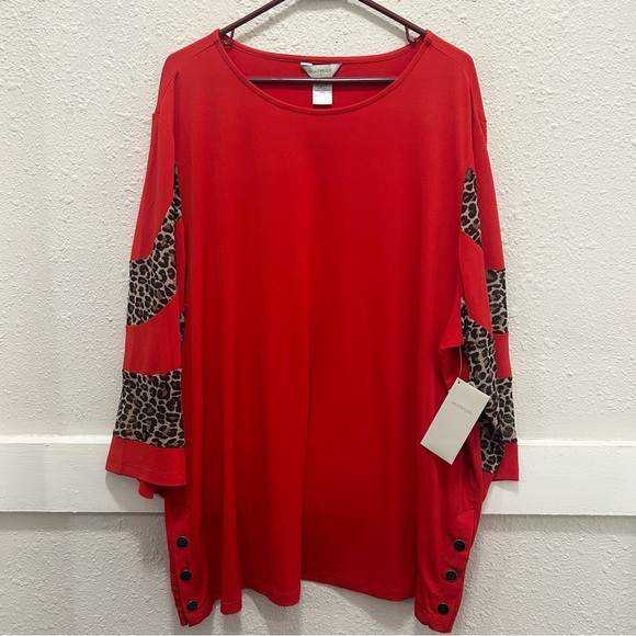 Multiples Leopard Stripe Sleeve Red Top NEW 2X - Picture 4 of 9